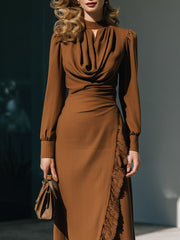 Cocoa Brown Draped Neck Long-Sleeve Midi Dress With Textured Ruffle Trim