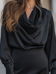Elegant Satin Draped Cowl Neck Dress
