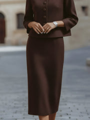 Deep Mocha Midi Skirt Suit With Stand Collar