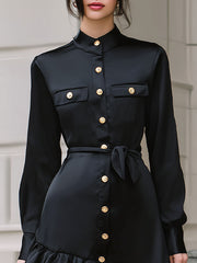 Elegant Black Satin Ruffled Shirt Dress With Gold Buttons