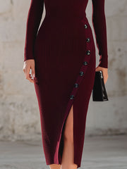 Elegant Burgundy Ribbed Cutout Midi Dress With Side Buttons And Slit