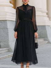 Black Sheer Bow-Neck Chiffon Midi Dress