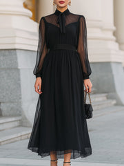 Black Sheer Bow-Neck Chiffon Midi Dress