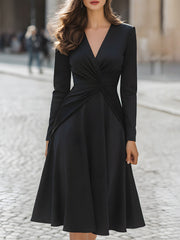 Black Pleated Twist-Waist Midi Dress