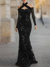 Floral Embroidered Off-Shoulder Mesh Sleeve Mermaid Gown