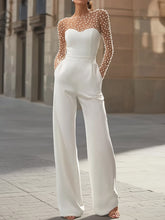 Pearl-Embellished Sheer Bodice White Jumpsuit