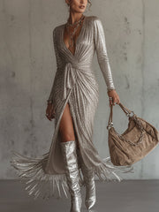 Silver Sequin Fringe Wrap Long Sleeve Maxi Dress