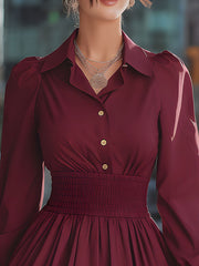 Burgundy Shirt Collar Smocked Waist Balloon Hem Mini Dress