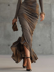 Brown Leopard Print Pleated Cutout Maxi Dress