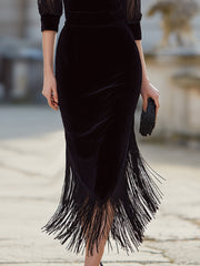 Elegant High-Neck Fringe Hem Evening Dress