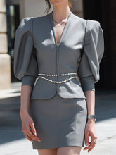 Grey Power Suit With Puff Sleeves
