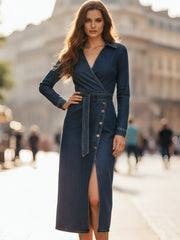Denim Wrap Midi Dress With Belt And Front Slit