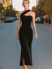 Asymmetric One-Shoulder Velvet Evening Gown