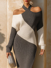 Asymmetric Halter Off-Shoulder Knit Dress