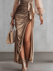 Champagne Velvet Maxi Dress With Sheer Sleeves And Side Tie Draping