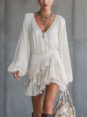 Shimmering Ruffled Mini Dress With V-Neckline And Long Lantern Sleeves In Ivory