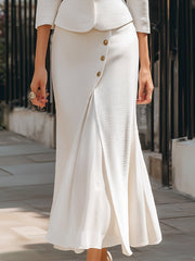 Elegant Textured Buttoned Blazer & Midi Skirt Set