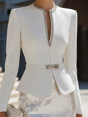 White Embellished Collar Blazer With Silver Sequin Skirt Set