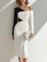Black And White Asymmetrical One-Shoulder Midi Dress