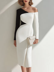 Black And White Asymmetrical One-Shoulder Midi Dress