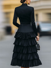 Elegant Mock Neck Tiered Ruffle Midi Dress