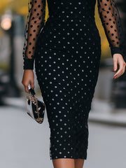 Elegant Black Polka Dot Mesh Panel Sheath Midi Dress For Timeless Glamour