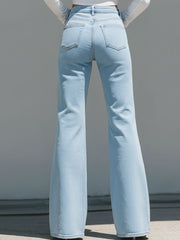 High-Waisted Light Blue Flared Jeans With Raw Edge Seams