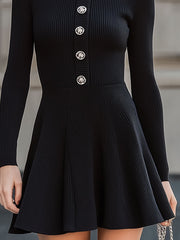 Elegant Black Ribbed Knit High-Neck Mini Dress