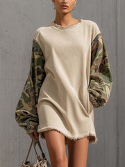 Beige Faux Suede Mini Dress With Camouflage Patchwork Sleeves