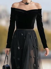 Black Off-Shoulder Velvet & Tulle Maxi Dress