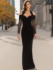 Velvet Off-Shoulder Mesh-Sleeve Evening Gown