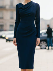 Navy Draped Midi Dress