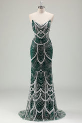 Glitter Dark Green Mermaid Strapless Sequins Long Corset Prom Dress with Beading