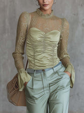 Light Green Lace Patchwork Ruched Shirt With Ruffled Cuffs