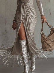Silver Sequin Fringe Wrap Long Sleeve Maxi Dress