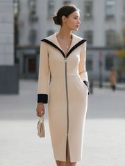 Elegant Beige Contrast-Trim Zip-Front Midi Sheath Dress