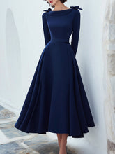 Navy Bow-Shoulder Long-Sleeve Midi Dress
