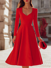 Elegant Red V - Neck Midi Fit - And - Flare Dress