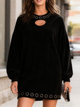 Edgy Black Corduroy O-Ring Detail Mini Dress