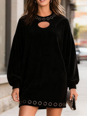 Edgy Black Corduroy O-Ring Detail Mini Dress