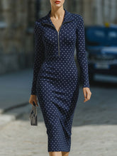 Elegant Navy Polka Dot Zip-Front Midi Sheath Dress