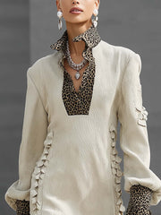 Beige Corduroy Leopard Print Turn-down Collar And Cuff Ruffle Mini Dress