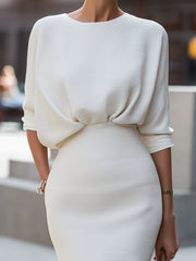 White Textured Knit Pencil Dress With Draped Waist