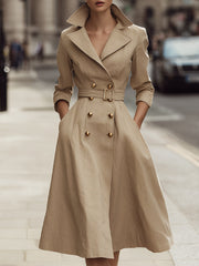 Beige Double-Breasted Belted Trench Coat Dress With Gold Buttons
