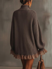 Brown Ruffled Hem Turtleneck Sweater Dress