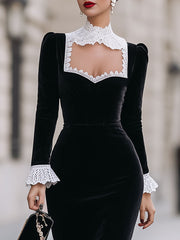 Vintage-Inspired Black Velvet Lace-Trimmed Sheath Midi Dress
