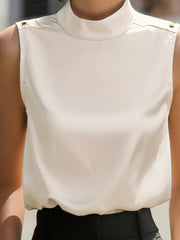 Elegant Ivory High-Neck Sleeveless Satin Blouse