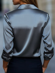 Silver Satin Blouse with Plunging V-Neck