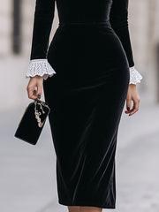 Vintage-Inspired Black Velvet Lace-Trimmed Sheath Midi Dress