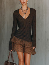 Black And Brown Mixed Knit Ruffle Hem Mini Dress